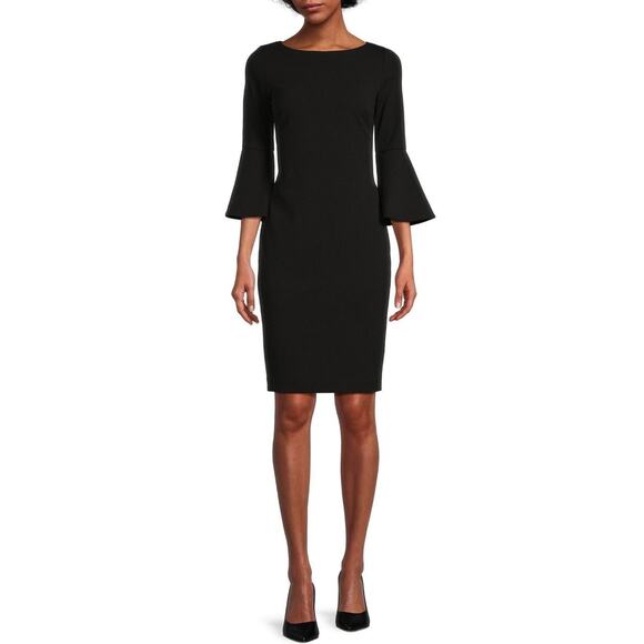 Calvin Klein Black Sheath Dress Bell Sleeve Gold Zipper Size 6 - Picture 1 of 1